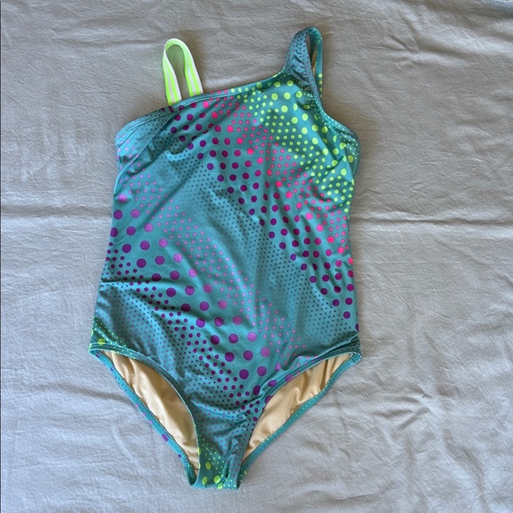 Lands' End Other - Lands' End Turquoise One-Shoulder Girls Swimsuit with Neon Dot Print